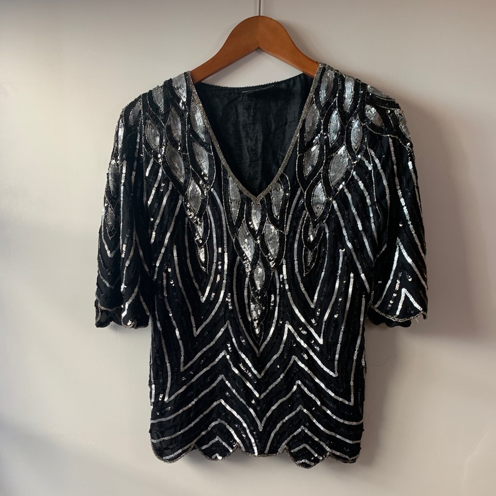 Sequined black & silver vintage top